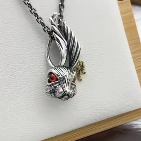 Punk Rock Rabbit- Bunny Hare Red Garnet Eyes Pierced Ears Animal Silver Necklace - Picture 11 of 16